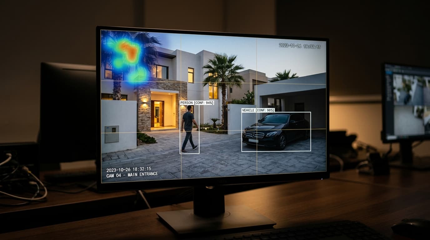 AI video analytics overlay showing person and vehicle detection with confidence scores and a heatmap