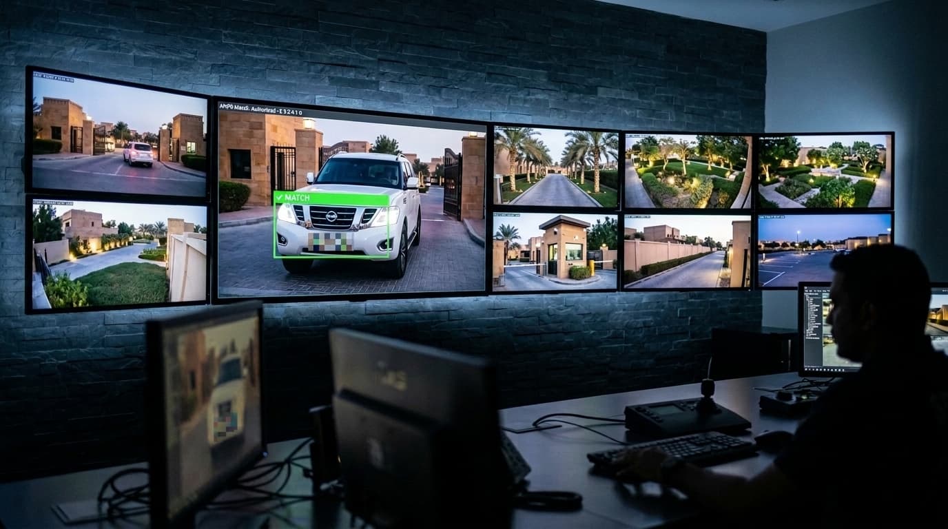 Security control room video wall with ANPR license plate match highlighted
